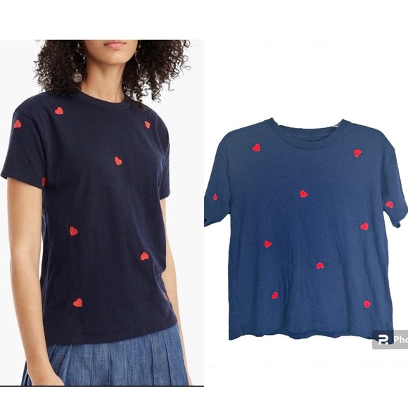 J. Crew Heart Embroidered T-Shirt Women’s S Blue Red Short Sleeve Tee Crew Neck - Picture 3 of 6